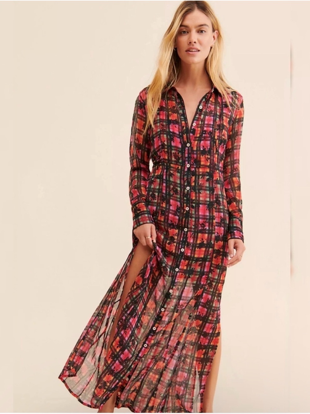 Free People Jerra Shirt Dress Floral Plaid Button-Front Maxi Dress in Pink Black - Picture 2 of 5